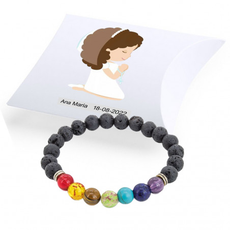 Pulsera 7 chakras piedra volcánica en caja blanca con adhesivos para regalo comunión personalizado