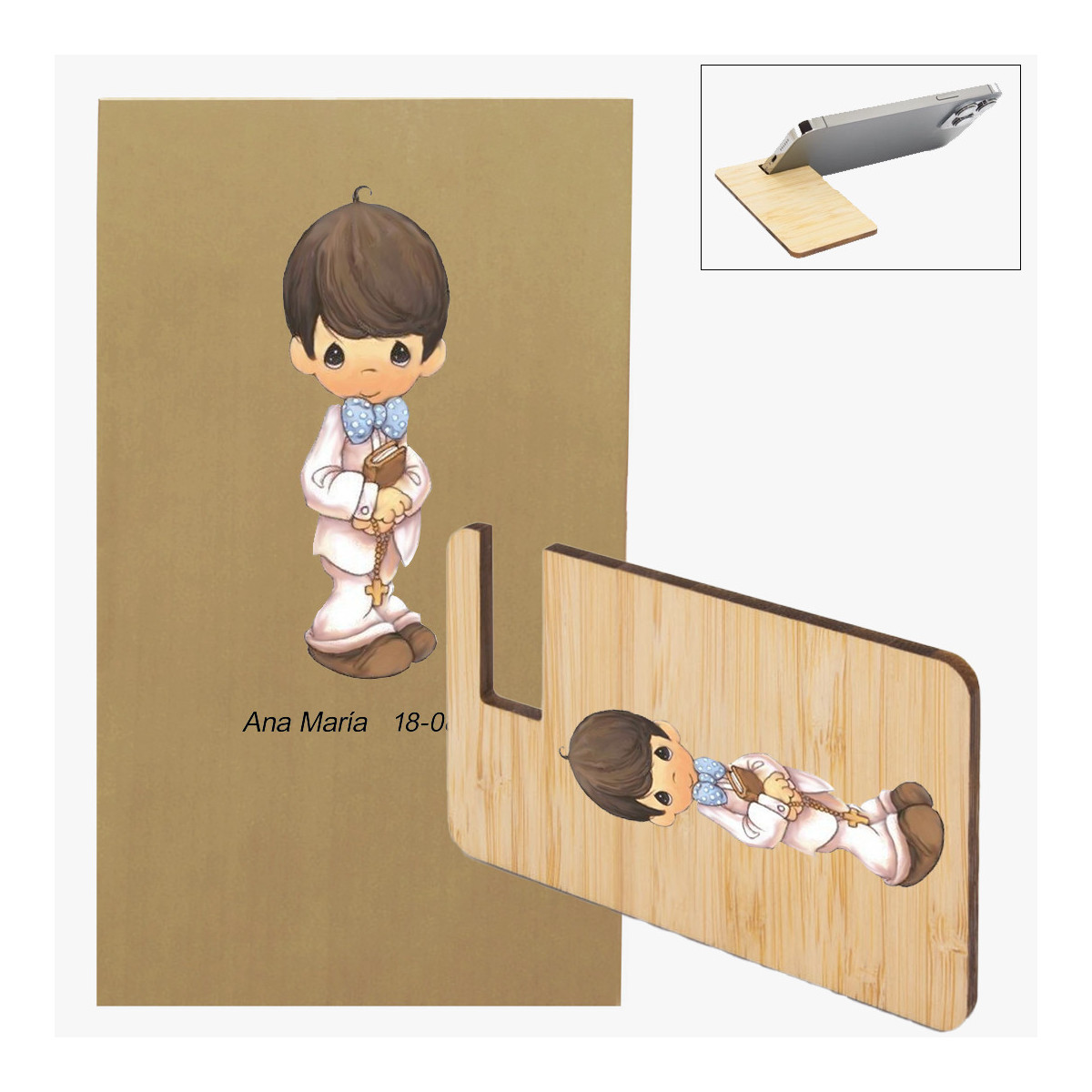 Soporte plano para móvil decorado con adhesivos personalizados de comunión