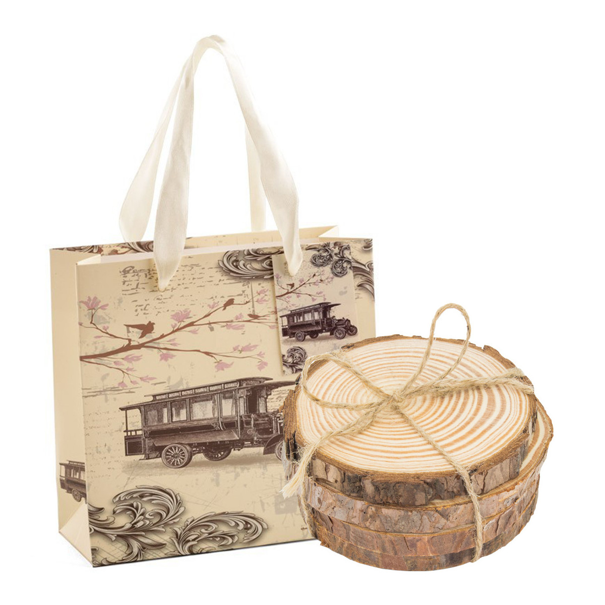 Posavasos de tronco de madera con cordón yute y bolsa de papel estilo vintage