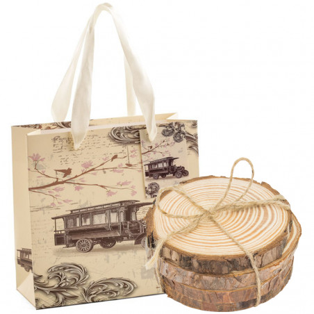 Posavasos de tronco de madera con cordón yute y bolsa de papel estilo vintage