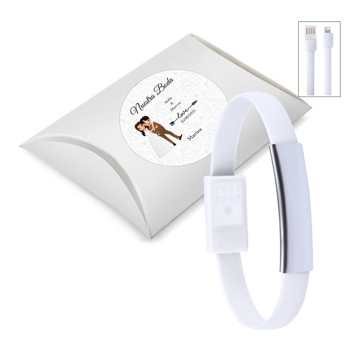 Pulsera cargador de móviles en color blanca presentada en caja plateada y adhesivo personalizado para bodas
