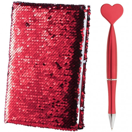 Libreta con lentejuelas brillantes en color rojo reversible con bolígrafo en forma de corazón para amigo invisible