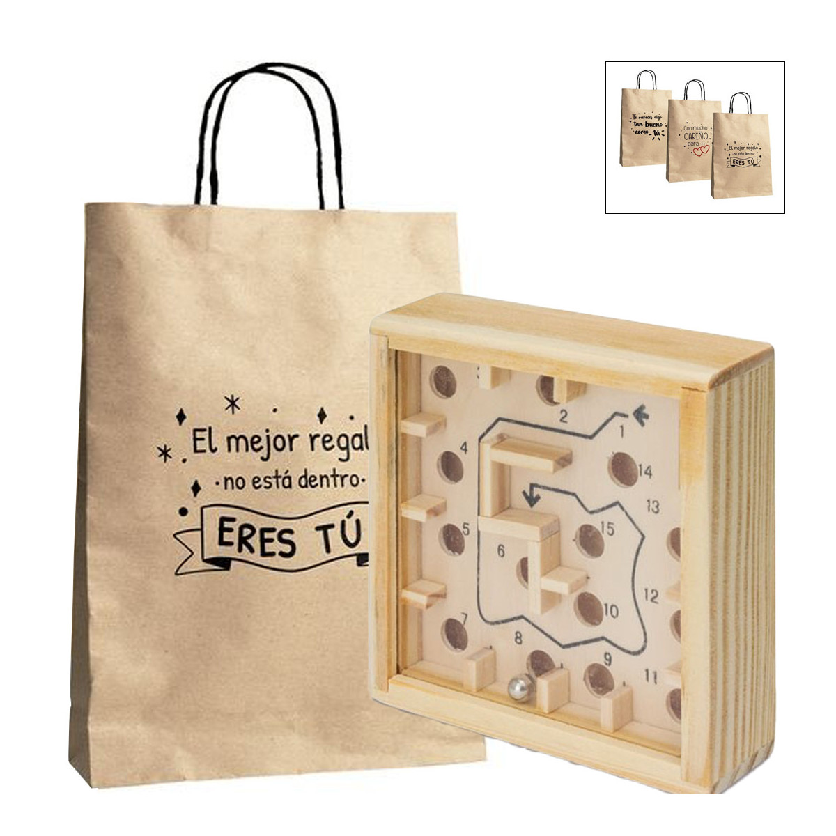 Laberinto con canicas en caja de madera y presentado en bolsa de papel con mensajes
