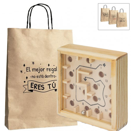 Laberinto con Canicas en Caja de Madera y Presentado en Bolsa de Papel con Mensajes