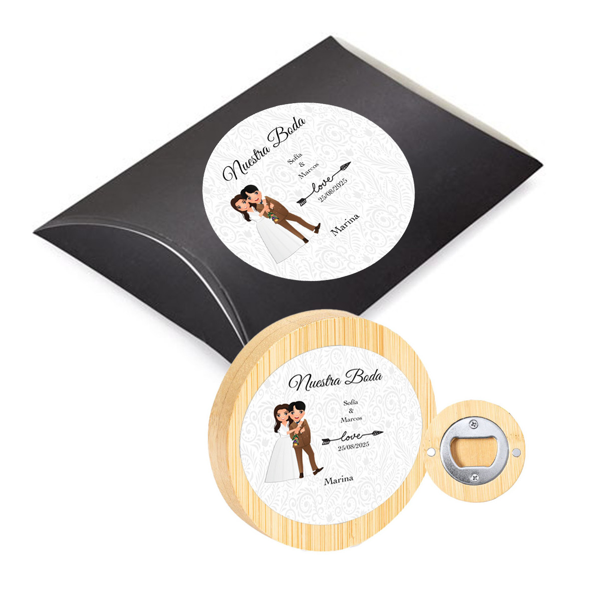 Abrebotellas con imán personalizado con adhesivos de boda y caja de regalo