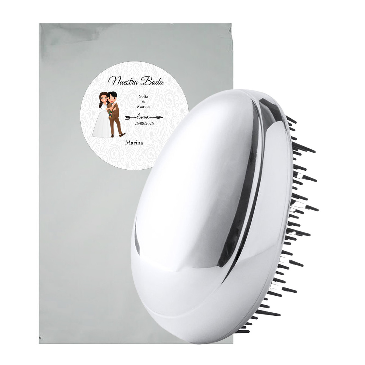 Cepillo de pelo con carcasa en plata presentado en bolsa metálica con adhesivos personalizado para bodas
