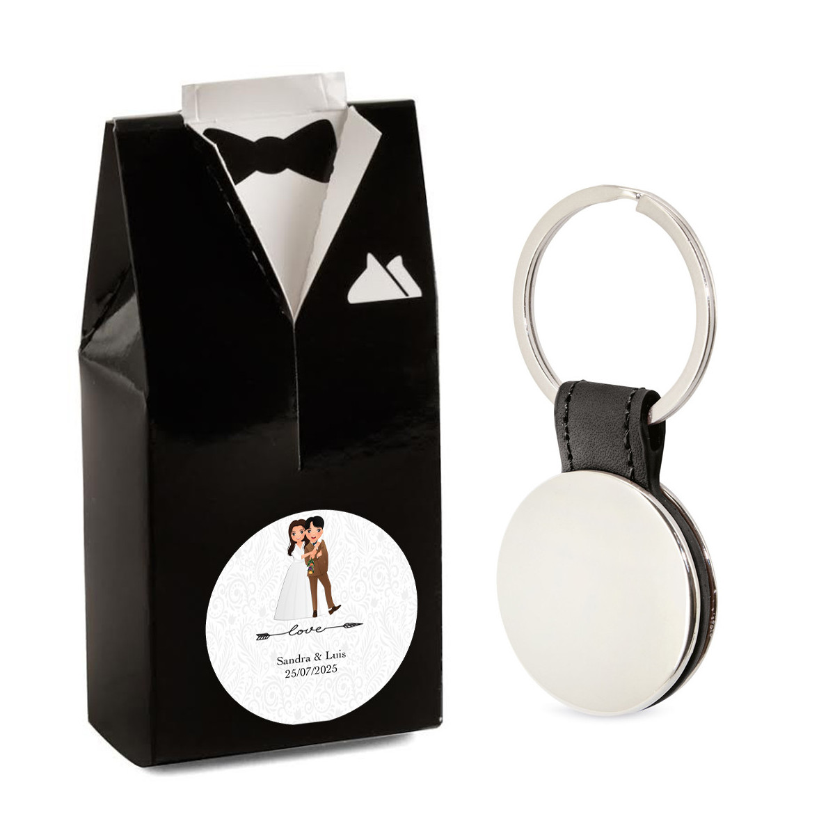 Llavero elegante para hombre en caja de regalo diseño esmoquin y adhesivo de bodas personalizable