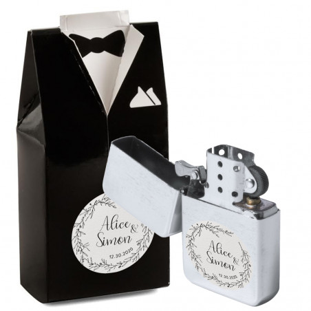 Zippo Personalizado con Adhesivos y Caja de Regalo en Forma de Esmoquin