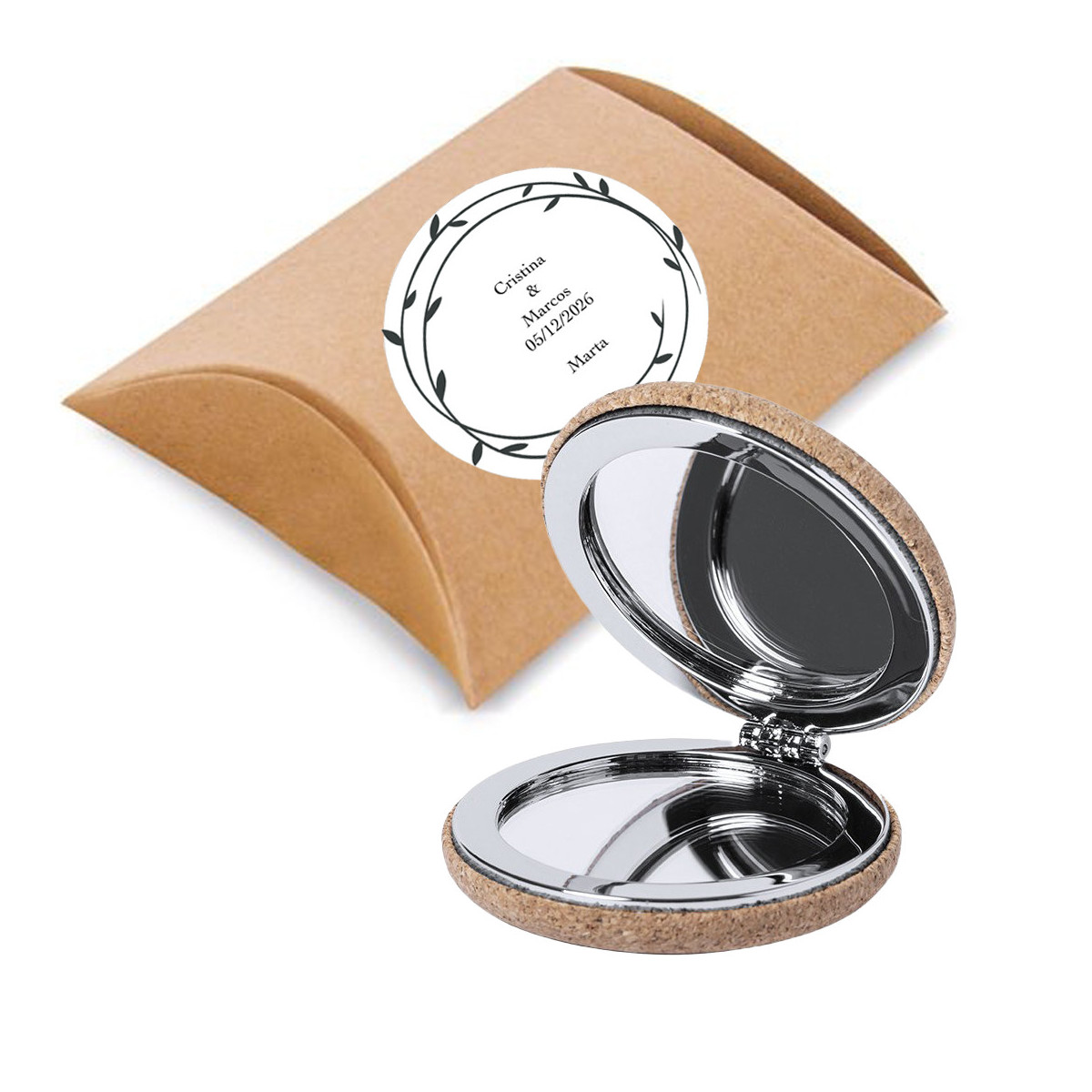 Espejo de corcho para el bolso en caja de regalo con adhesivo personalizado con texto