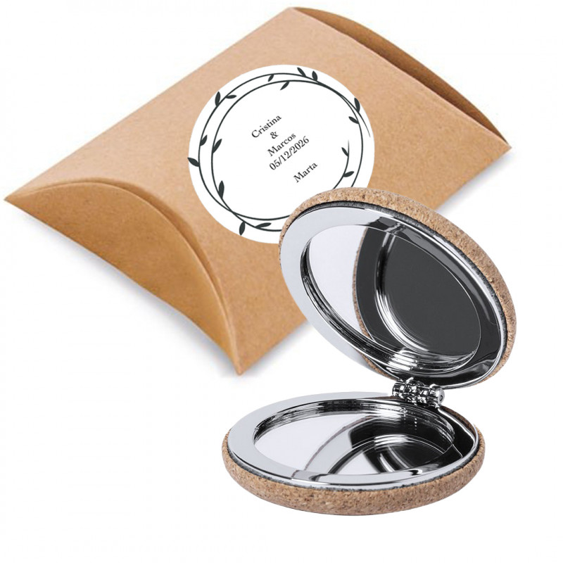 Espejo de corcho para el bolso en caja de regalo con adhesivo personalizado con texto