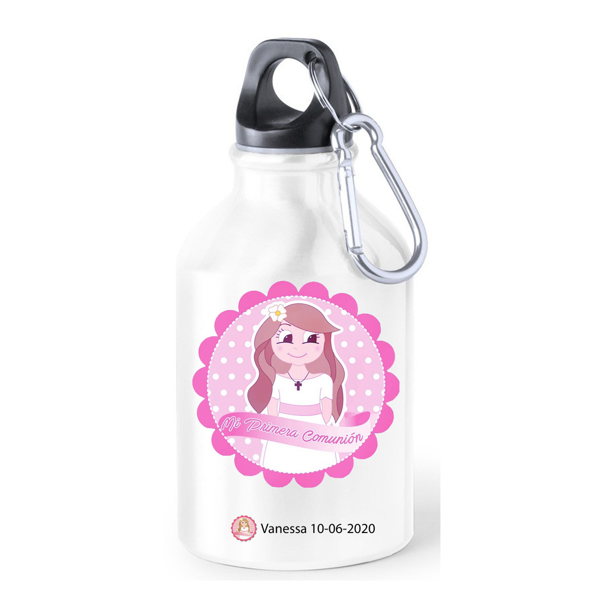 Botellas comunión de aluminio para agua presentada con adhesivos de comunión personalizado