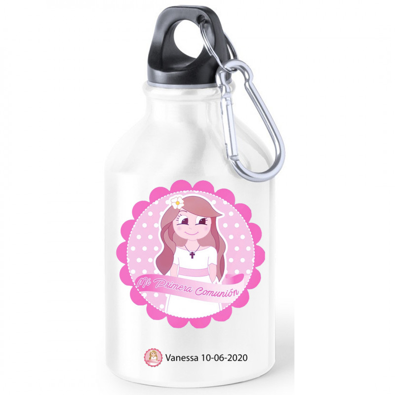 Botellas comunión de aluminio para agua presentada con adhesivos de comunión personalizado