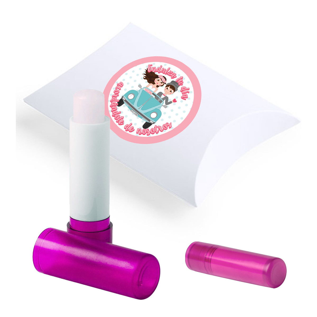 Brillo de labios en barra presentado en caja con adhesivo de bodas