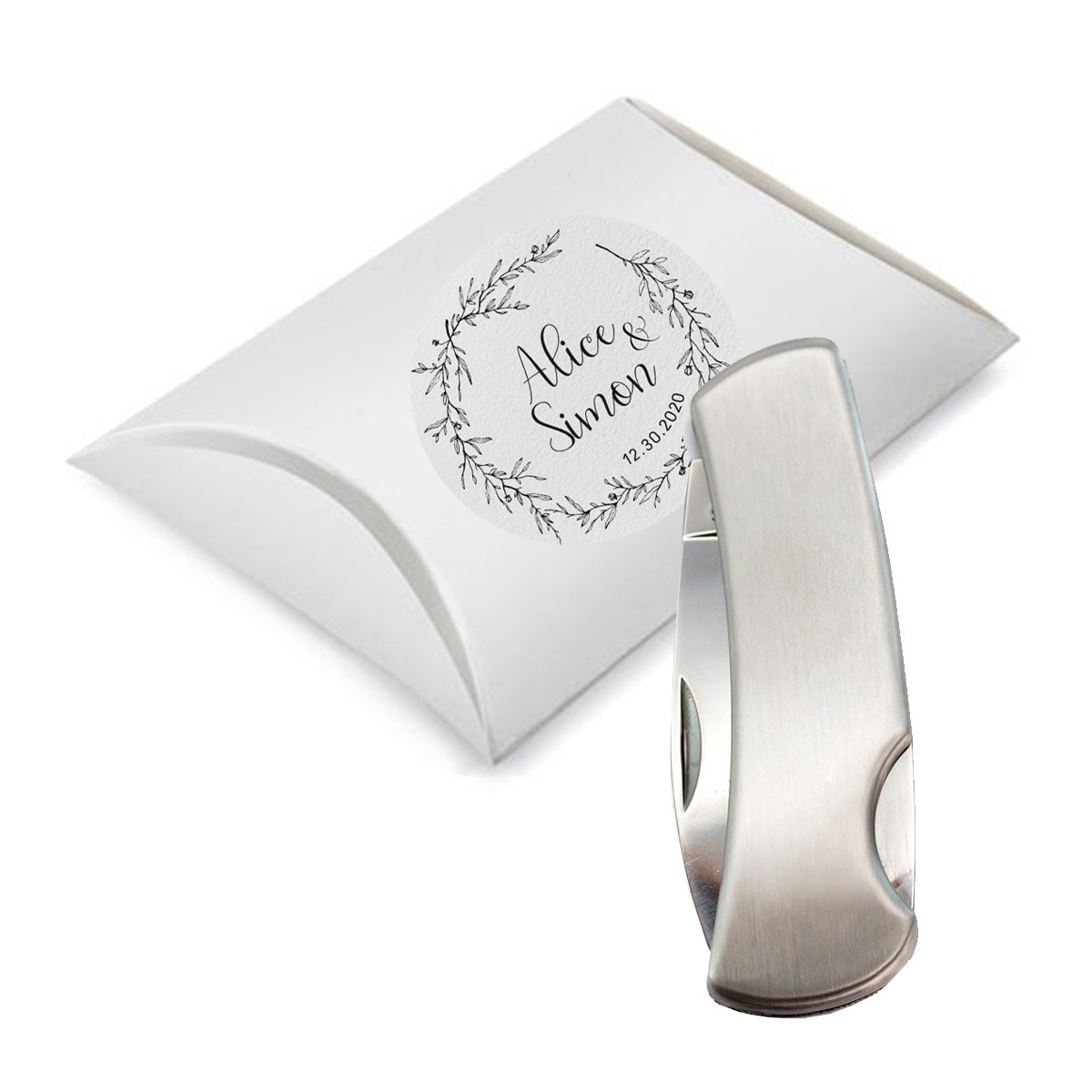 Navaja de acero inoxidable en color plata en caja de regalo con adhesivo personalizado pack regalo