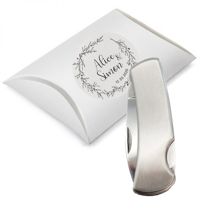 Navaja de acero inoxidable en color plata en caja de regalo con adhesivo personalizado pack regalo