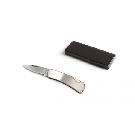 Navaja de acero inoxidable en color plata en caja de regalo con adhesivo personalizado pack regalo