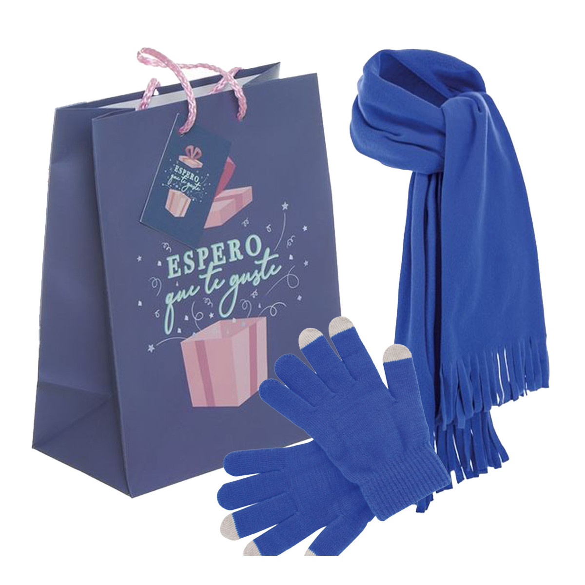 Guantes tactil y bufanda polar en bolsa de papel como regalo unisex y adolescentes