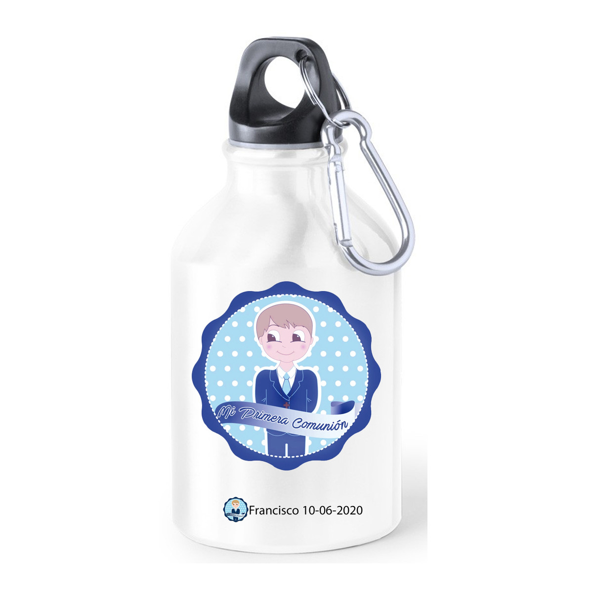 Botellas comunión para agua metálica con adhesivo decorativo para comunión de niño personalizado