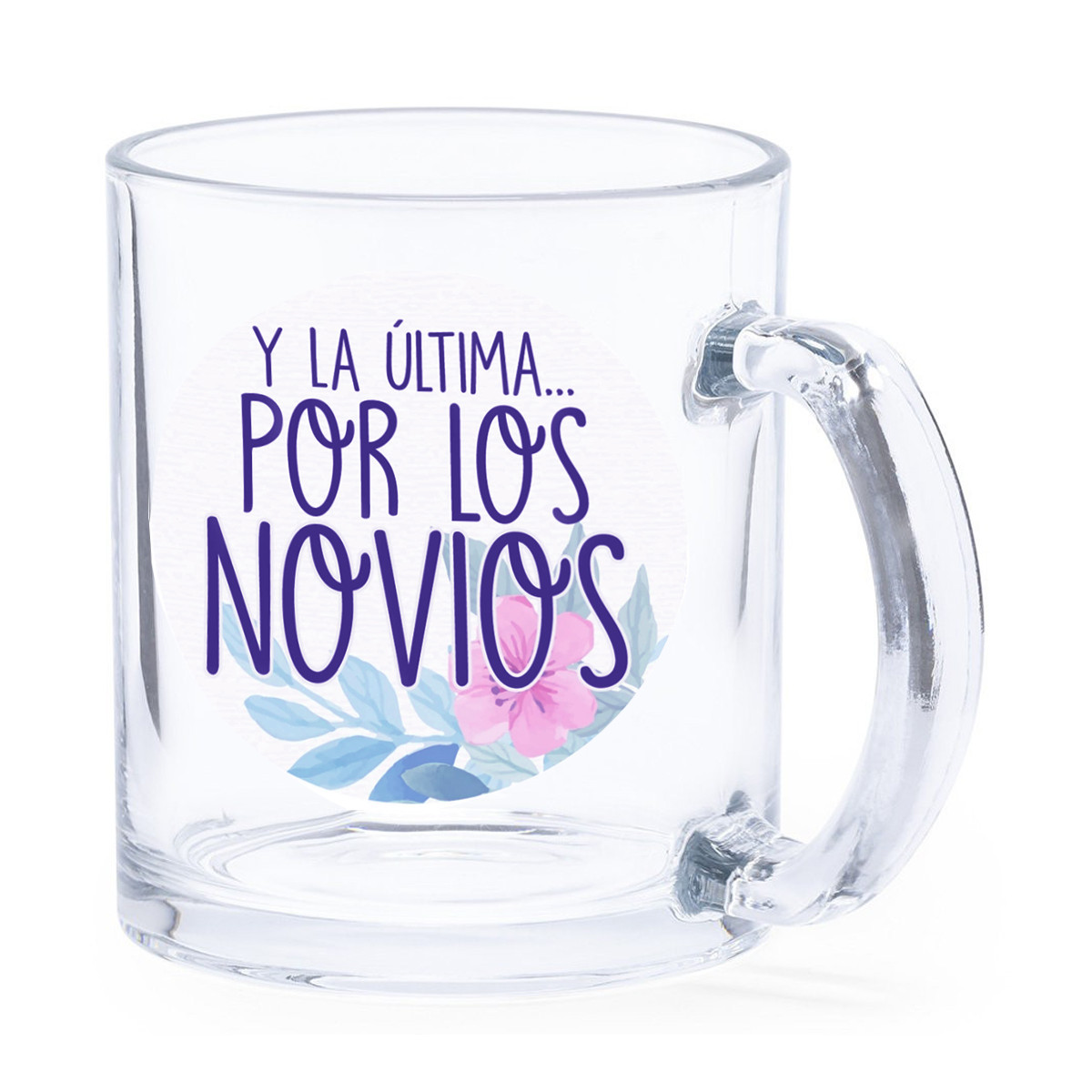 Taza de cristal con asa con adhesivo para detalle de bodas