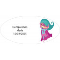 Adhesivo ovalado niña superheroína personalizado con nombre y fecha