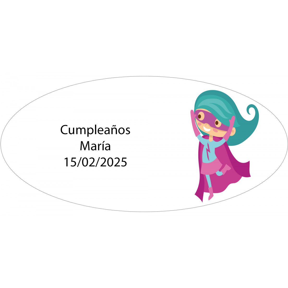 Adhesivo ovalado niña superheroína personalizado con nombre y fecha