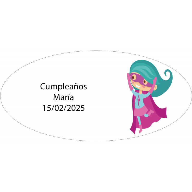 Adhesivo ovalado niña superheroína personalizado con nombre y fecha