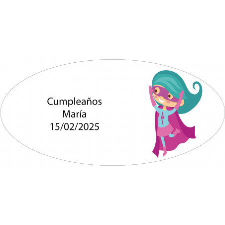 Adhesivo ovalado niña superheroína personalizado con nombre y fecha