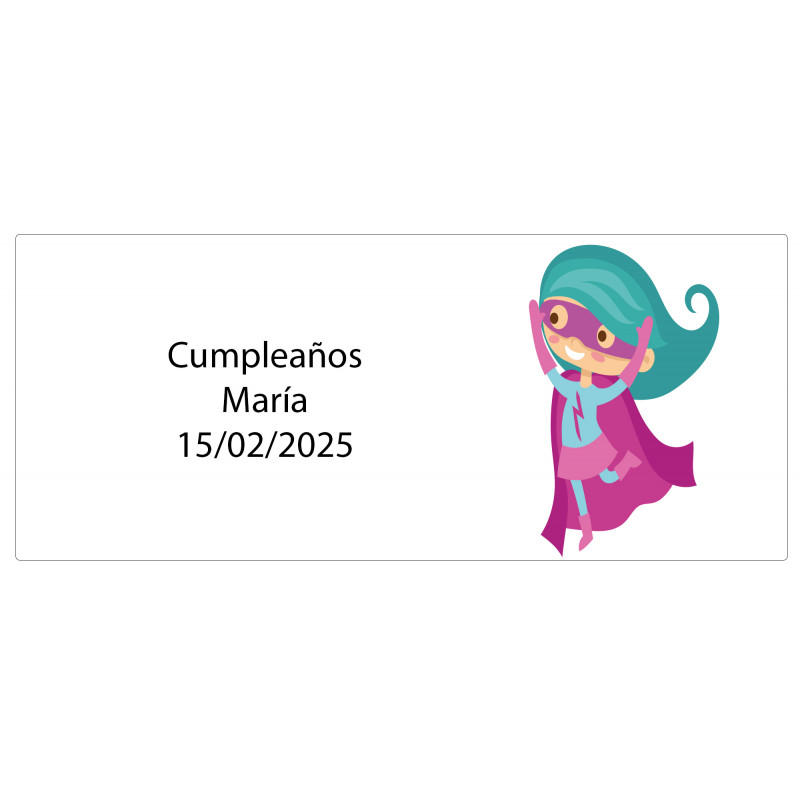 Adhesivo rectangular niña superheroína personalizado con nombre y fecha