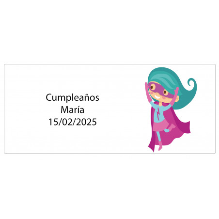 Adhesivo rectangular niña superheroína personalizado con nombre y fecha