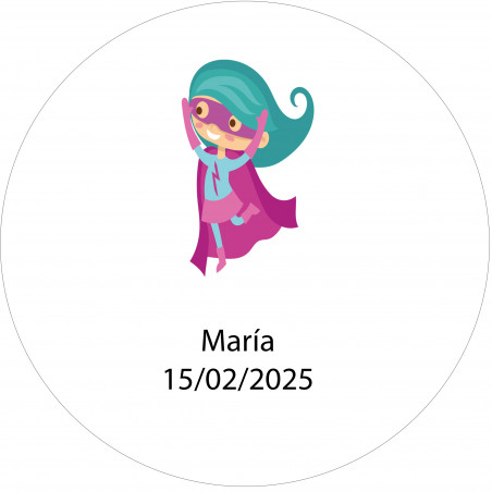 Adhesivo redondo 3cm superheroína niña personalizado con nombre y fecha
