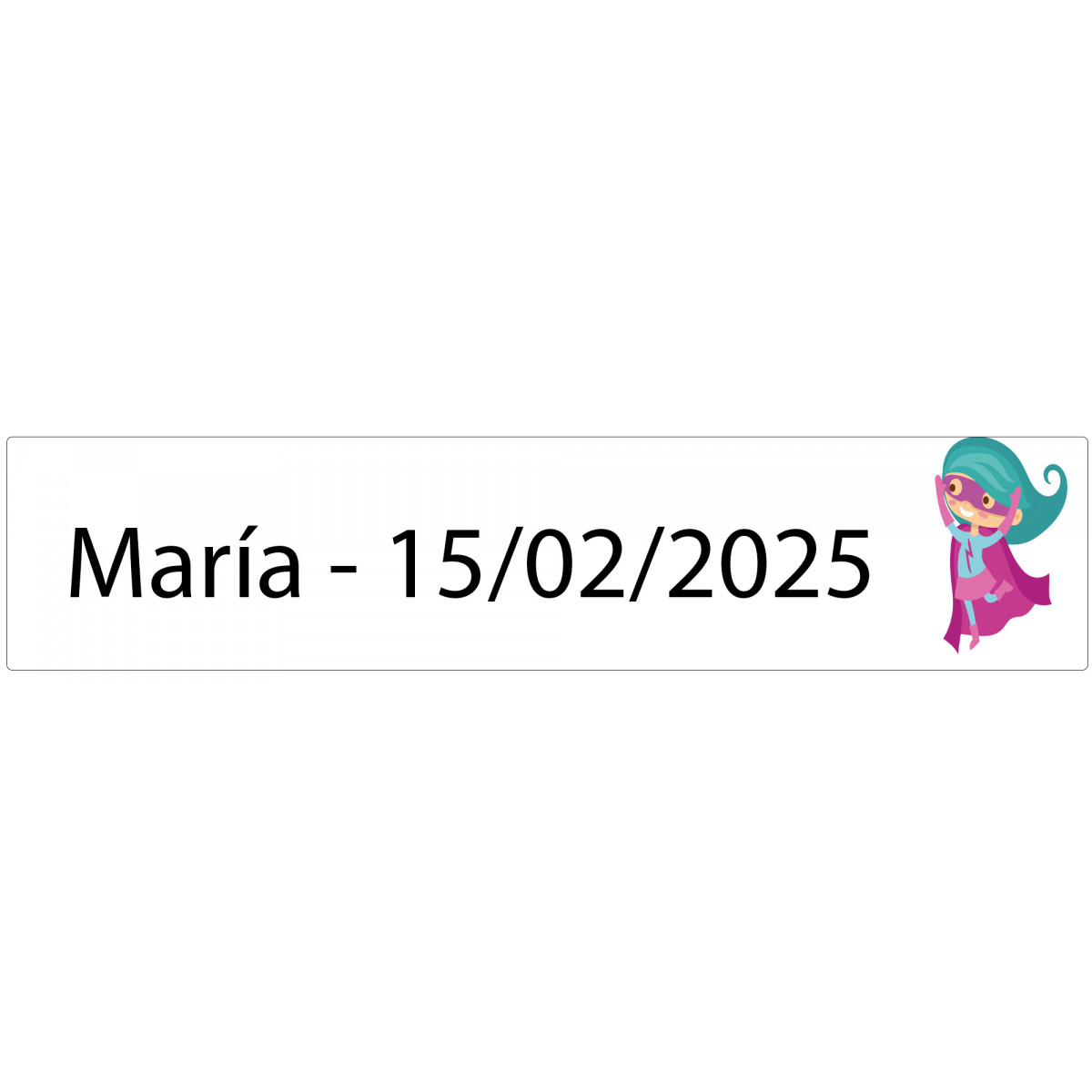 Adhesivo rectangular 5 x 1 niña superheroína personalizado con nombre y fecha