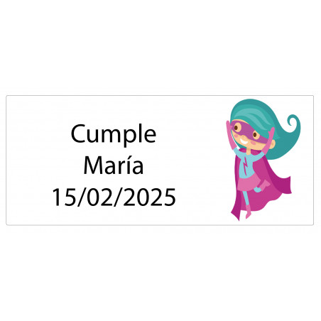 Adhesivo rectangular niña superheroína 5 x 3 personalizado con nombre y fecha