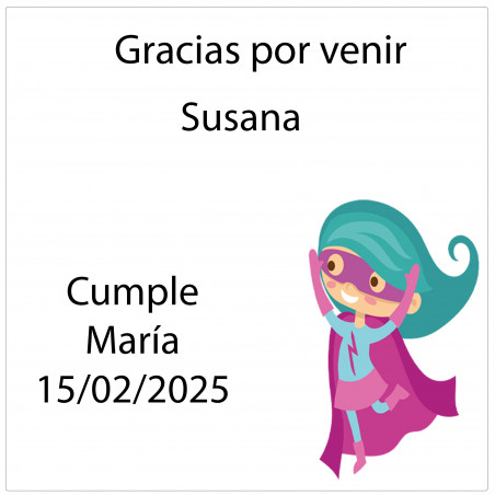 Adhesivo cuadrado personalizado con nombre de invitado y frase de agradecimiento diseño niña superheroína