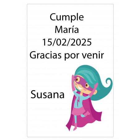 Adhesivo personalizado con nombre de invitado y frase de agradecimiento. diseño niña superheroína