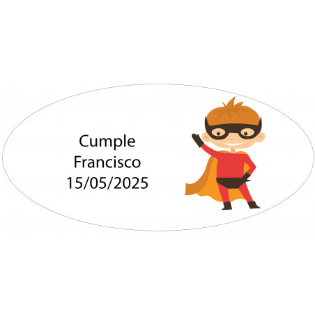 Adhesivo ovalado superhéroe personalizado con nombre y fecha