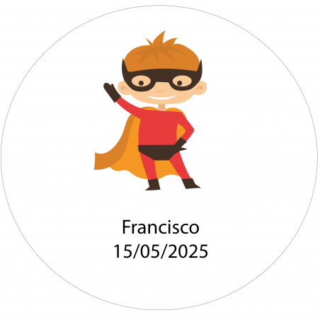 Adhesivo redondo 3cm superhéroe personalizado con nombre y fecha