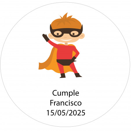 Adhesivo redondo 5cm superhéroe personalizado con nombre y fecha