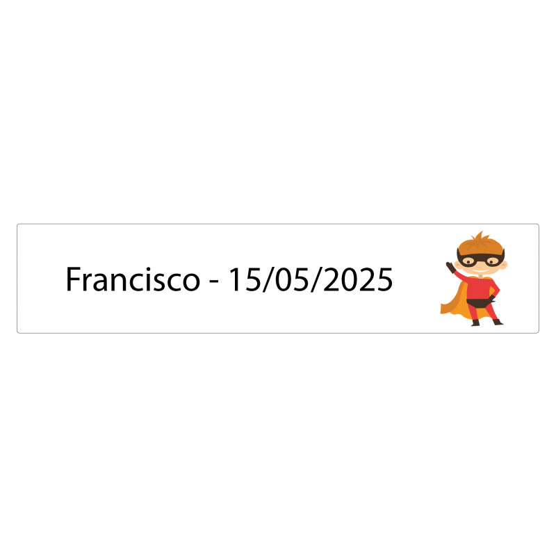 Adhesivo rectangular 5 x 1 superhéroe personalizado con nombre y fecha