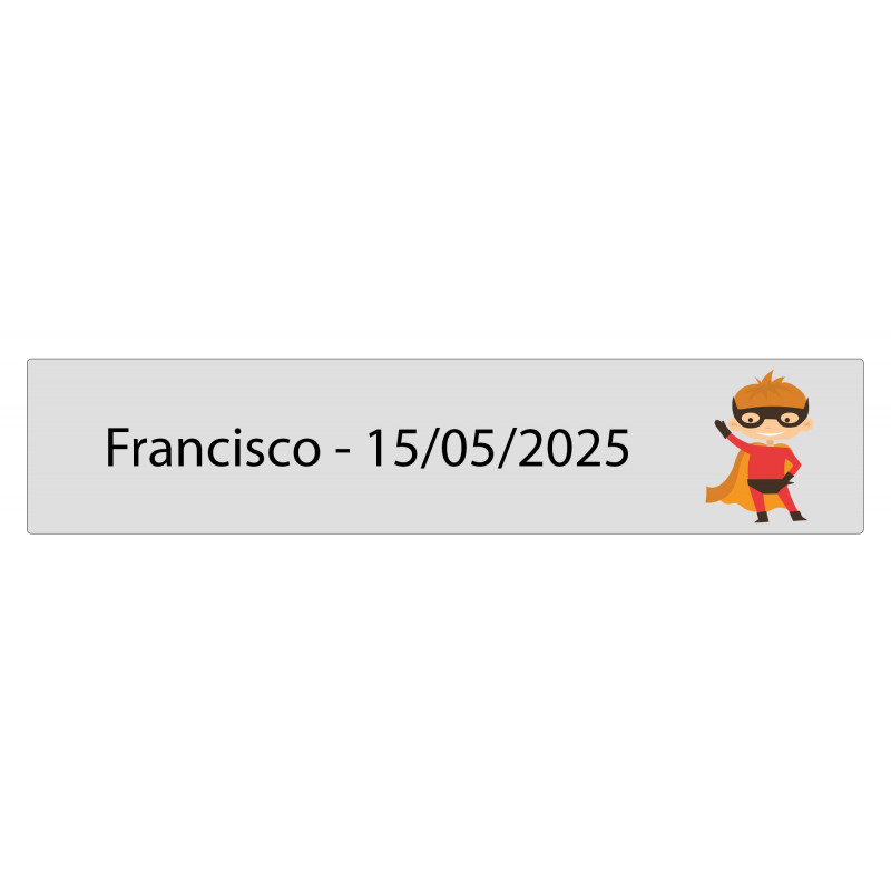 Adhesivo rectangular transparente 5 x 1 superhéroe personalizado con nombre y fecha