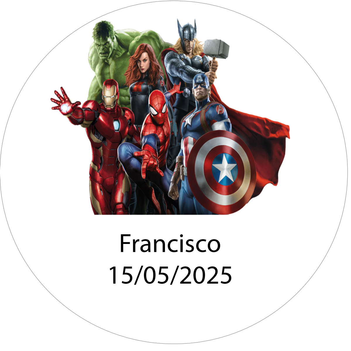 Adhesivo redondo 3cm avengers personalizado con nombre y fecha