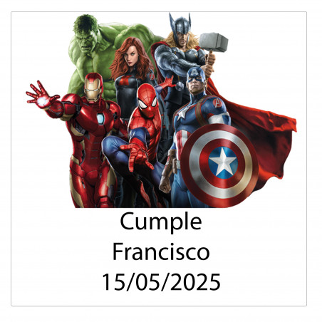 Adhesivo cuadrado personalizado con nombre y fecha diseño avengers