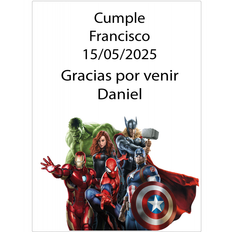 Adhesivo personalizado con nombre de invitado y frase de agradecimiento. diseño avengers