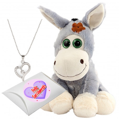 Peluche burro y colgante plateado con abalorio de corazón en caja de cartón de regalo con adhesivo. pack regalo san valentín