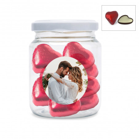 Bombones corazón rellenos en tarro de chuches con tapa y adhesivo personalizado