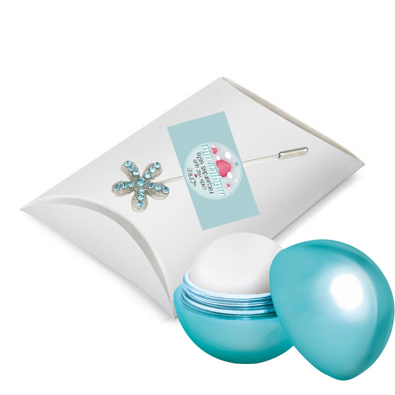 Brillo labial bola en caja de presentación y alfiler decorativo