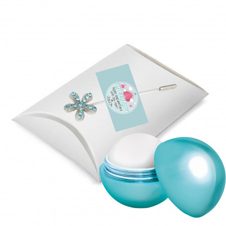 Brillo labial bola en caja de presentación y alfiler decorativo