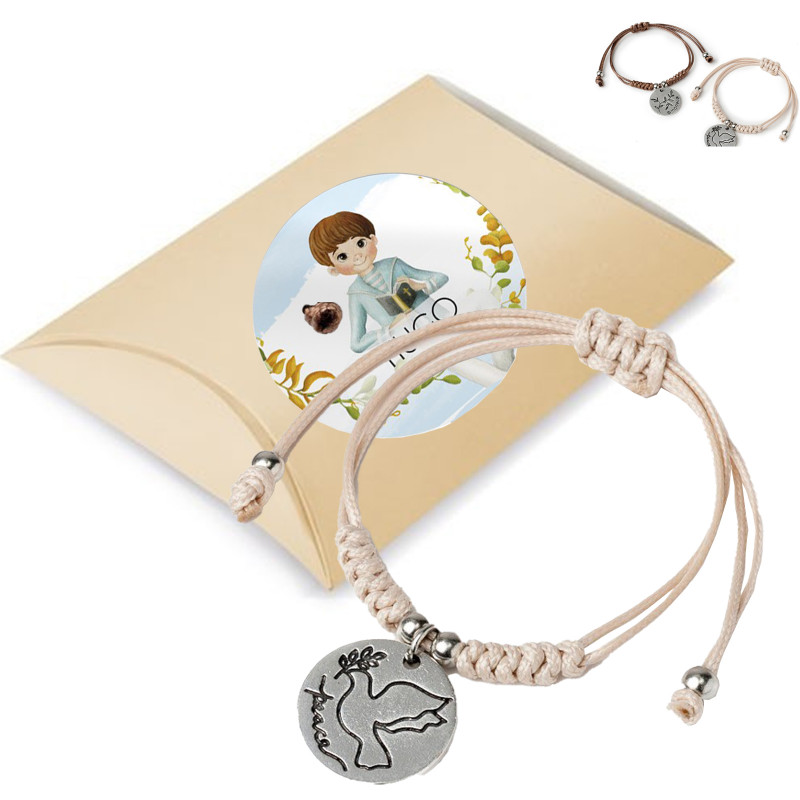 Pulsera de cuerda mujer con medalla colgante presentado en caja de regalo con adhesivo de comunión personalizado