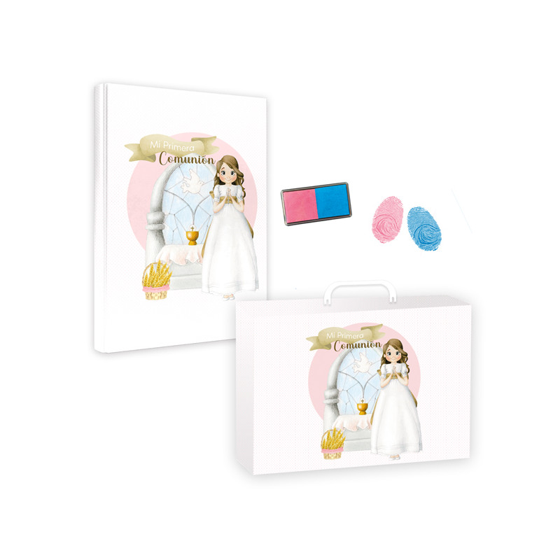 Libro maletín de firmas Comunión de niña con tintas para huellas