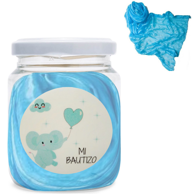 Pañuelo de mujer presentado en tarro transparente con adhesivo de bautizo