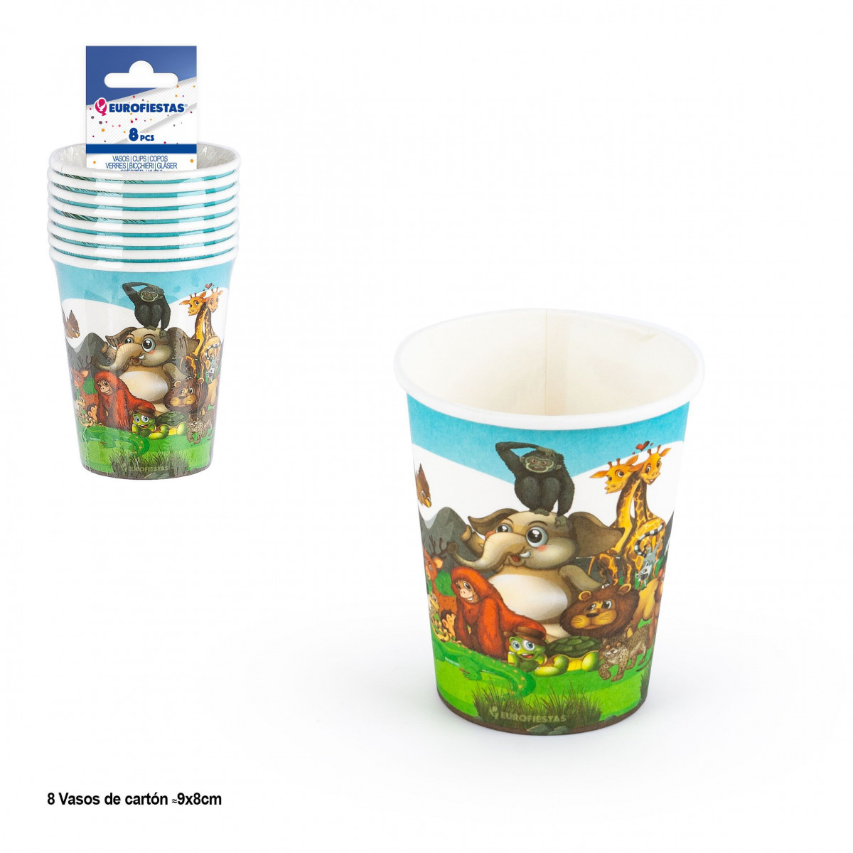 Pack 8 vasos de papel infantil con animalitos